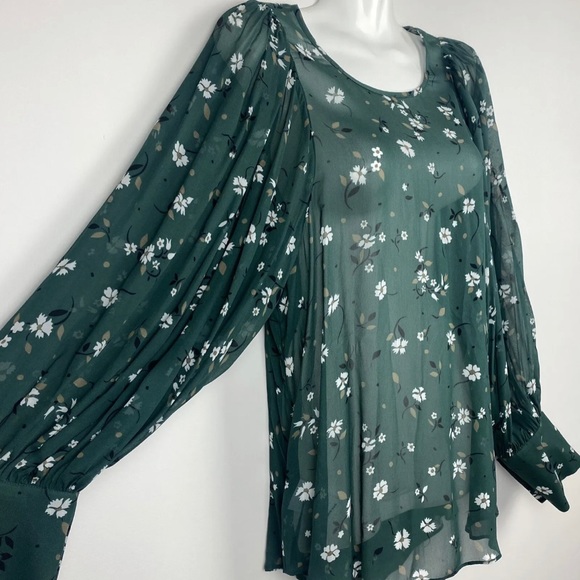 Country Road Blouse Top Green White Floral Long Sleeve Sheer Lightweight Size 8 - Picture 5 of 12